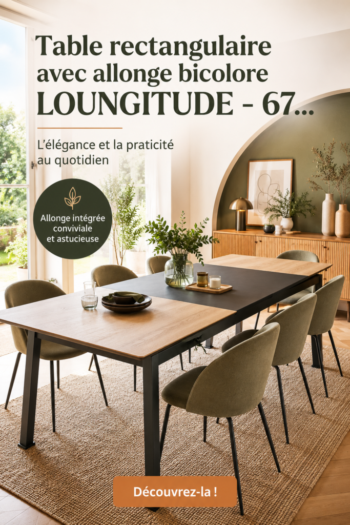 Table rectangulaire extensible bicolore dans une salle à manger moderne.