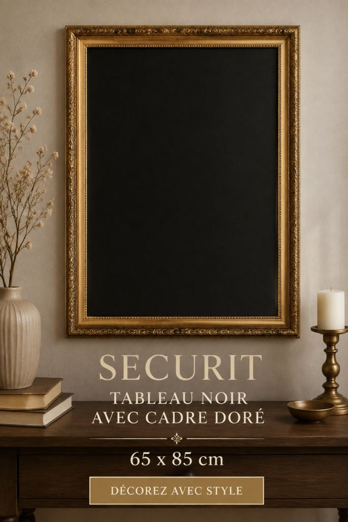Un élégant tableau noir avec cadre doré dans un décor chic et moderne.