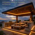 Terrasse luxueuse intégrée parfaitement à un jardin verdoyant
