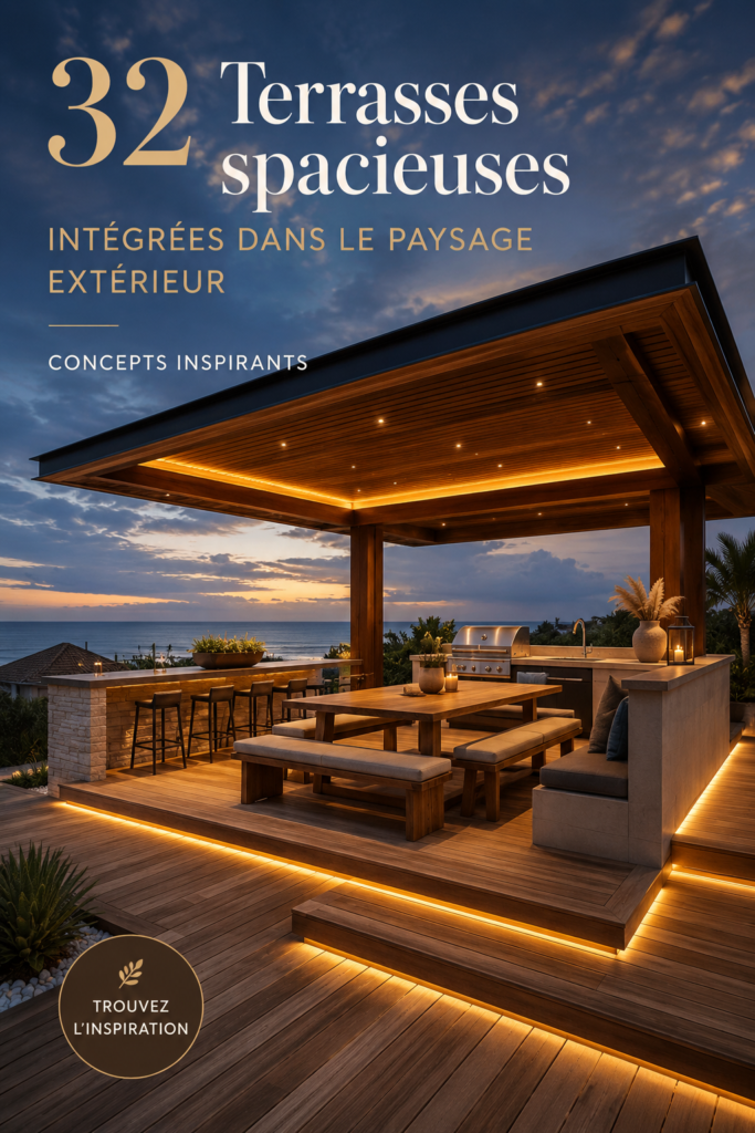 Terrasse luxueuse intégrée parfaitement à un jardin verdoyant