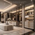 Dressing luxueux moderne avec des rangements élégants et un éclairage chaleureux