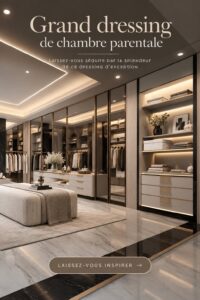 Dressing luxueux moderne avec des rangements élégants et un éclairage chaleureux