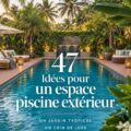 Espace piscine aménagé avec des chaises longues et des plantes tropicales