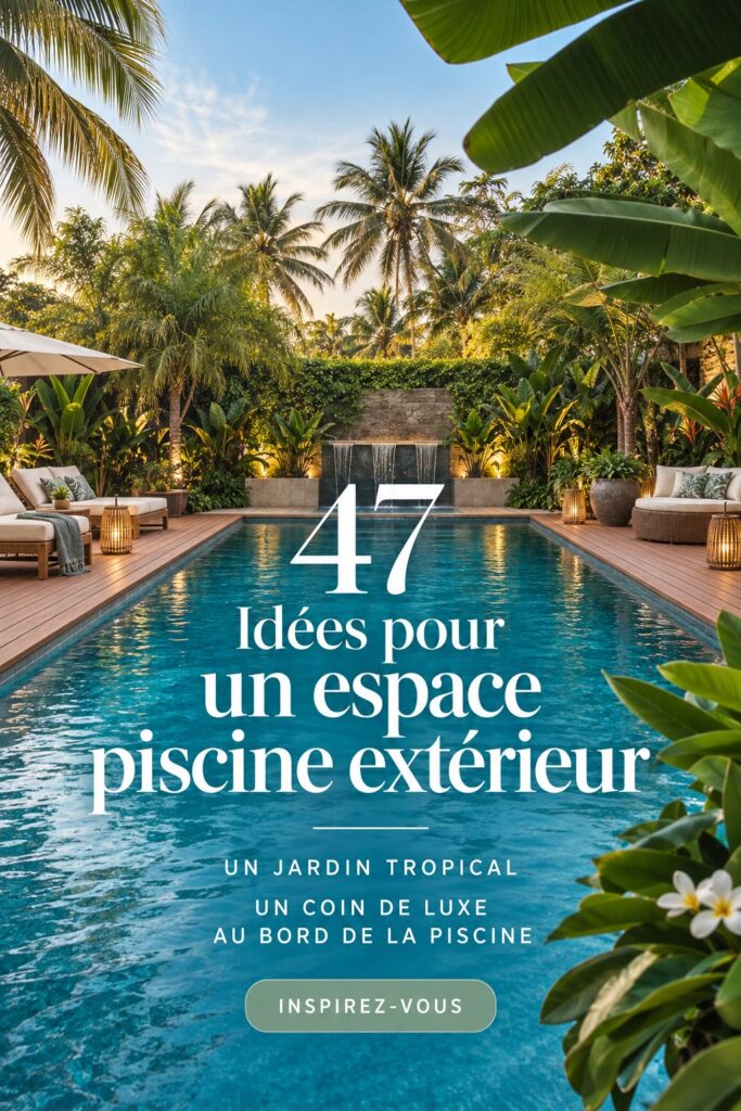 Espace piscine aménagé avec des chaises longues et des plantes tropicales