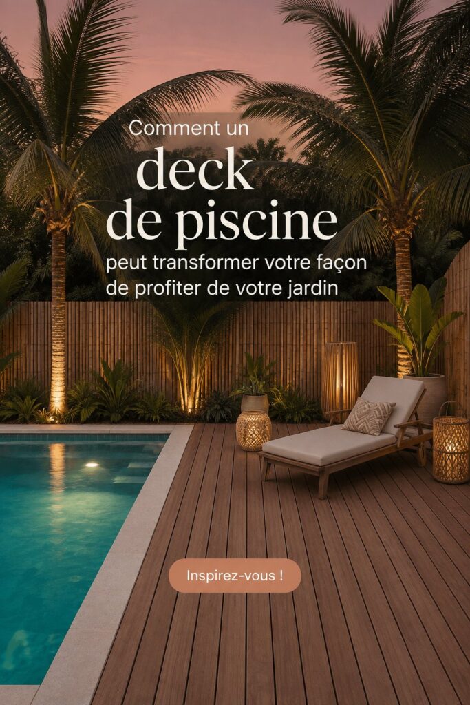 Un élégant patio de piscine avec des chaises modernes et un beau jardin en arrière-plan.