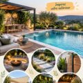 Aménagement élégant d'une piscine avec des margelles en bois et un salon de jardin chic.