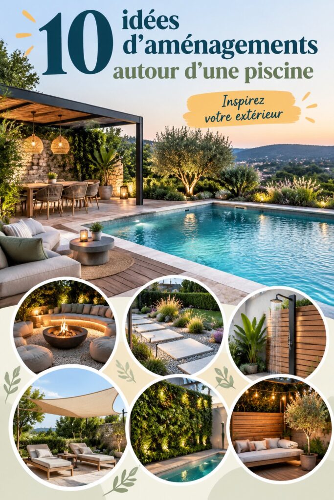 Aménagement élégant d'une piscine avec des margelles en bois et un salon de jardin chic.