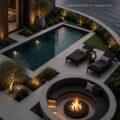 Un jardin moderne avec des plantes luxuriantes et du mobilier élégant.
