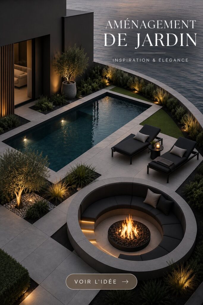 Un jardin moderne avec des plantes luxuriantes et du mobilier élégant.