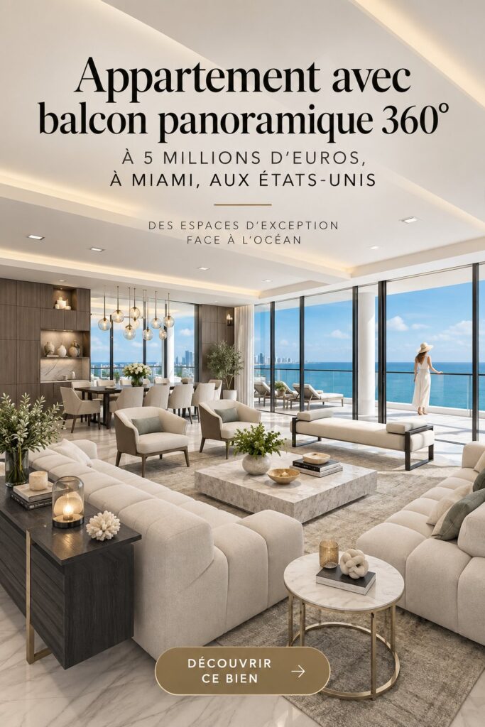 Vue panoramique d'un appartement de luxe à Miami avec décor moderne.
