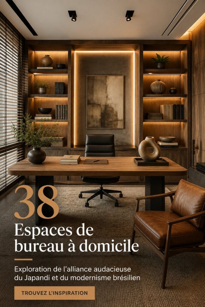 Un bureau élégant mélangeant le style Japandi et le Modernismo Brésilien avec des éléments naturels.