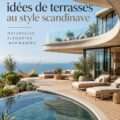 Terrasse moderne inspirée du style Scandinese avec des meubles en bois et des plantes vertes.