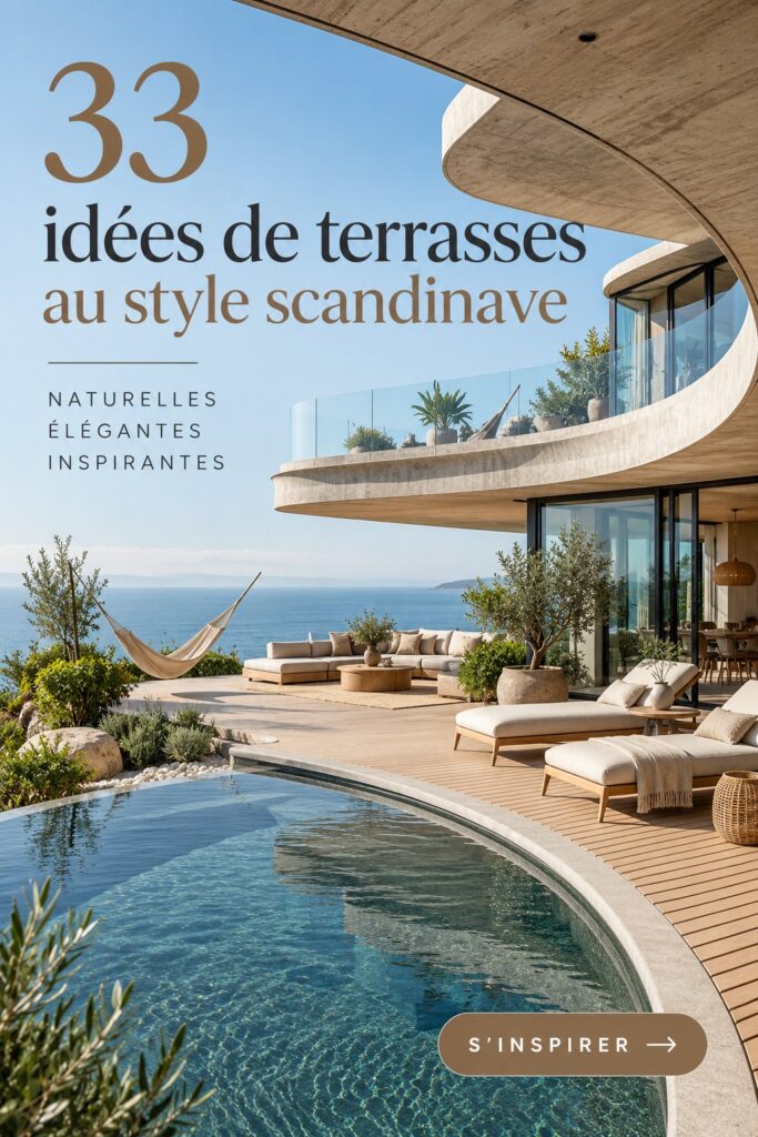 Terrasse moderne inspirée du style Scandinese avec des meubles en bois et des plantes vertes.