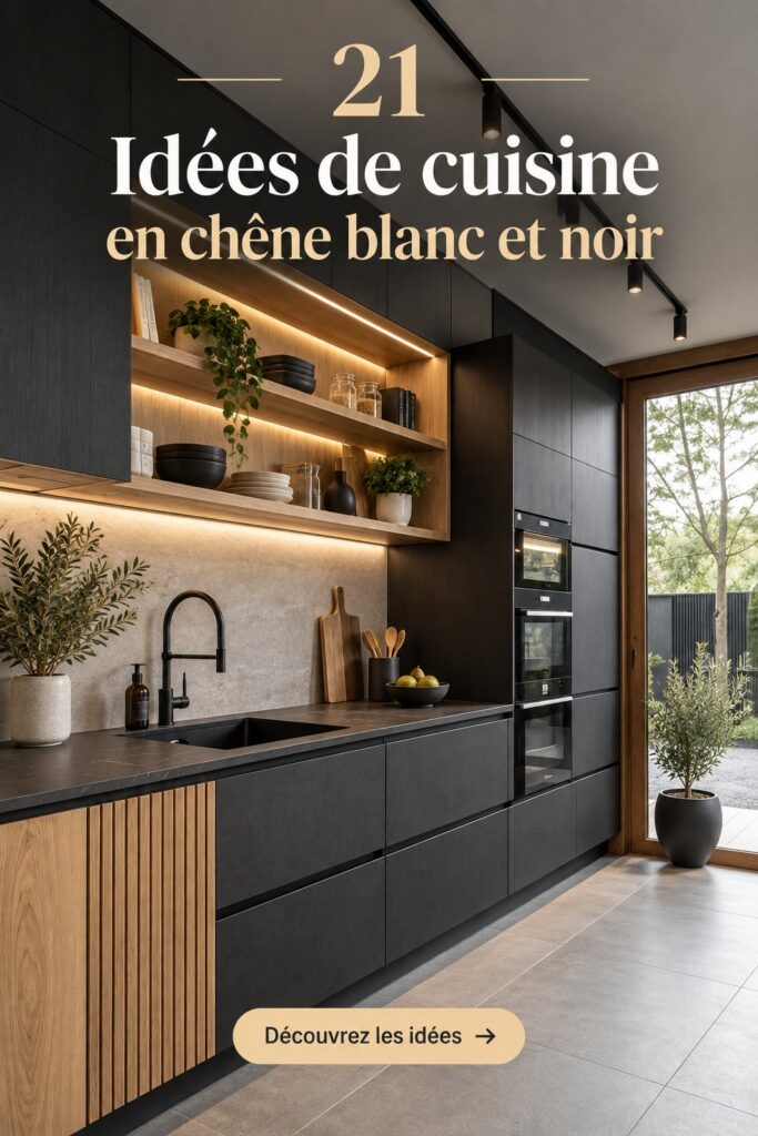 Cuisine moderne en chêne blanc et noir avec des éléments design.