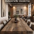 Espace loft avec décoration industrielle moderne et chaleureuse, présentant des matériaux bruts