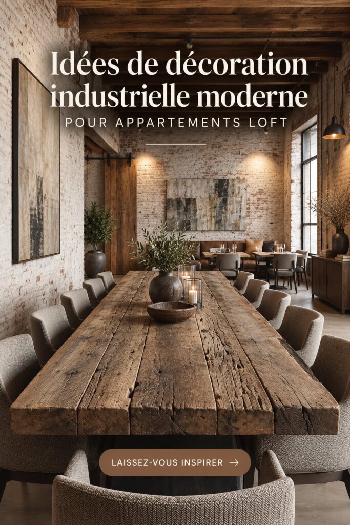 Espace loft avec décoration industrielle moderne et chaleureuse, présentant des matériaux bruts