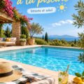 Une piscine élégamment décorée, entourée de chaises longues et de plantes luxuriantes