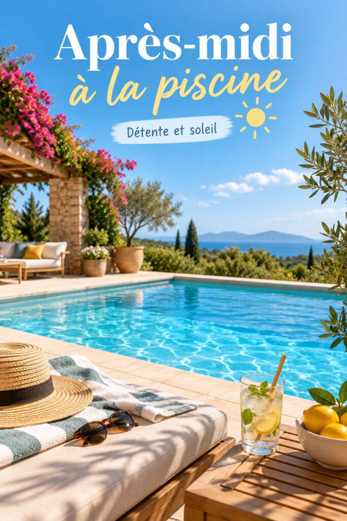 Une piscine élégamment décorée, entourée de chaises longues et de plantes luxuriantes