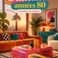 Intérieur stylé inspiré des années 80 avec couleurs vives et motifs audacieux.