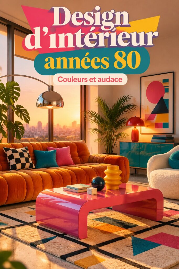 Intérieur stylé inspiré des années 80 avec couleurs vives et motifs audacieux.