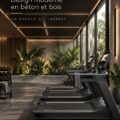 Intérieur moderne avec des éléments en béton et en bois, créant une ambiance chaleureuse.