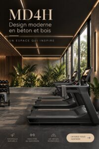 Intérieur moderne avec des éléments en béton et en bois, créant une ambiance chaleureuse.