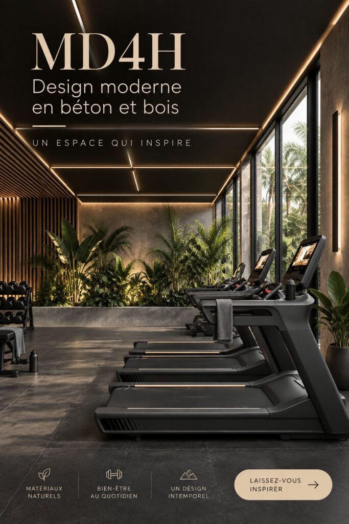 Intérieur moderne avec des éléments en béton et en bois, créant une ambiance chaleureuse.