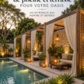 Une piscine élégante entourée d'un patio chic avec des plantes luxuriantes et du mobilier confortable