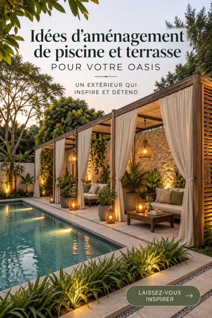 Une piscine élégante entourée d'un patio chic avec des plantes luxuriantes et du mobilier confortable