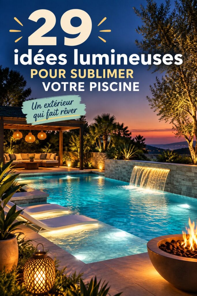 Éclairage élégant autour d'une piscine dans un jardin bien décoré