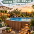 Espace piscine extérieure élégamment décoré avec des transats et des plantes tropicales