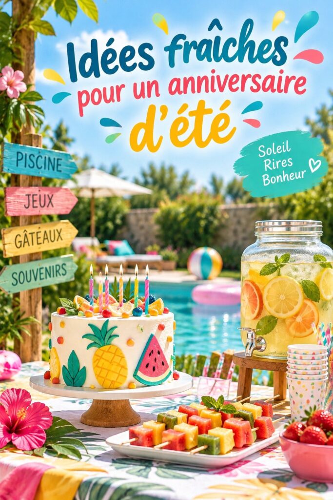 Fête d'anniversaire estivale avec décoration colorée et rafraîchissante.