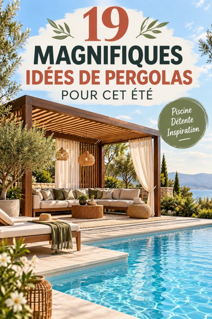 Une élégante pergola blanche au bord d'une piscine entourée de verdure.