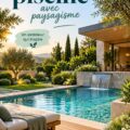 Une piscine luxueuse avec un aménagement paysager élégant en arrière-plan.