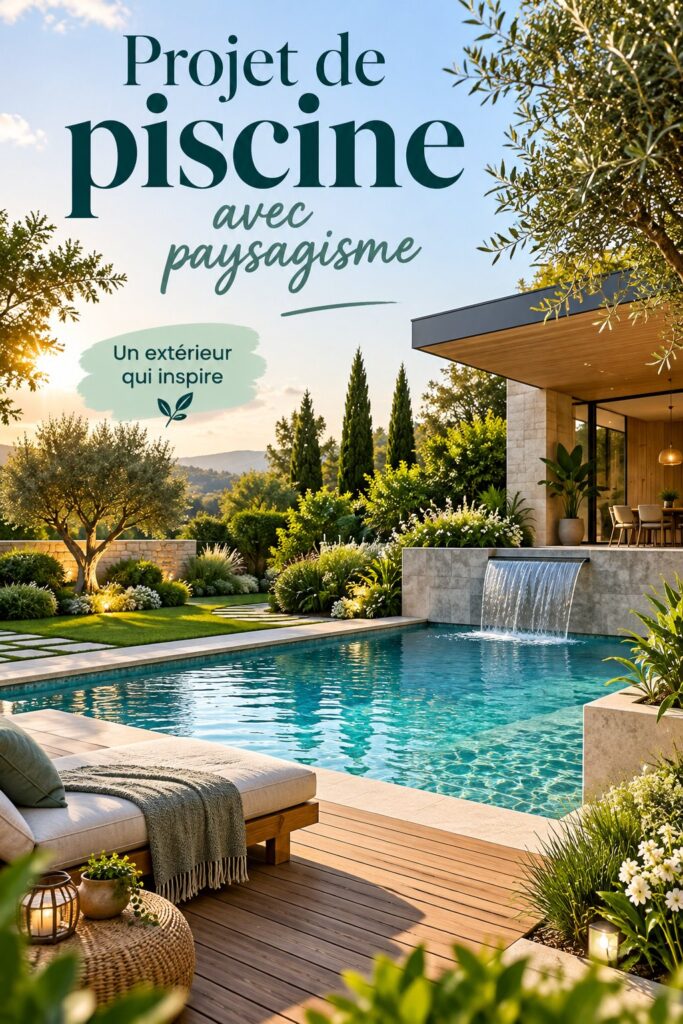 Une piscine luxueuse avec un aménagement paysager élégant en arrière-plan.