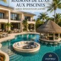 Maison de luxe avec piscine à débordement moderne et jardin luxuriant.
