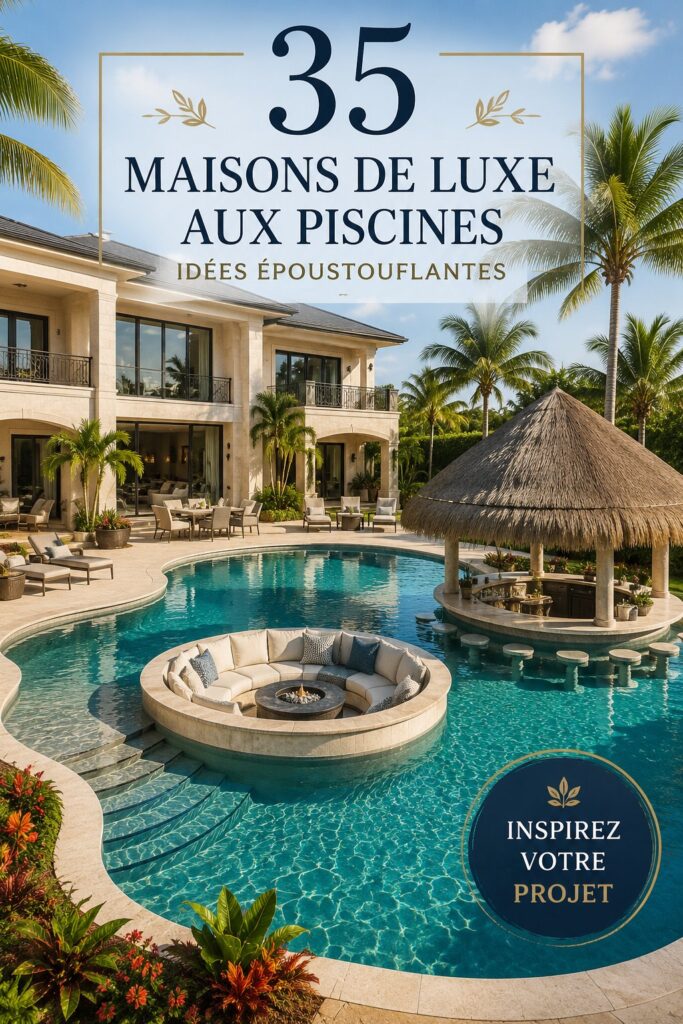 Maison de luxe avec piscine à débordement moderne et jardin luxuriant.