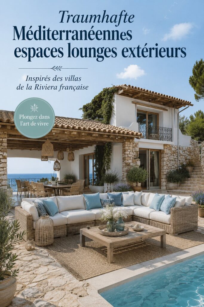 Aménagement d'un lounge extérieur inspiré de la Riviera méditerranéenne, avec des meubles élégants et des plantes luxuriantes.