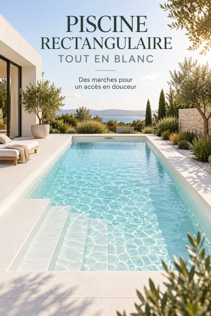 Piscine rectangulaire blanche avec escalier intégré entourée de plantes