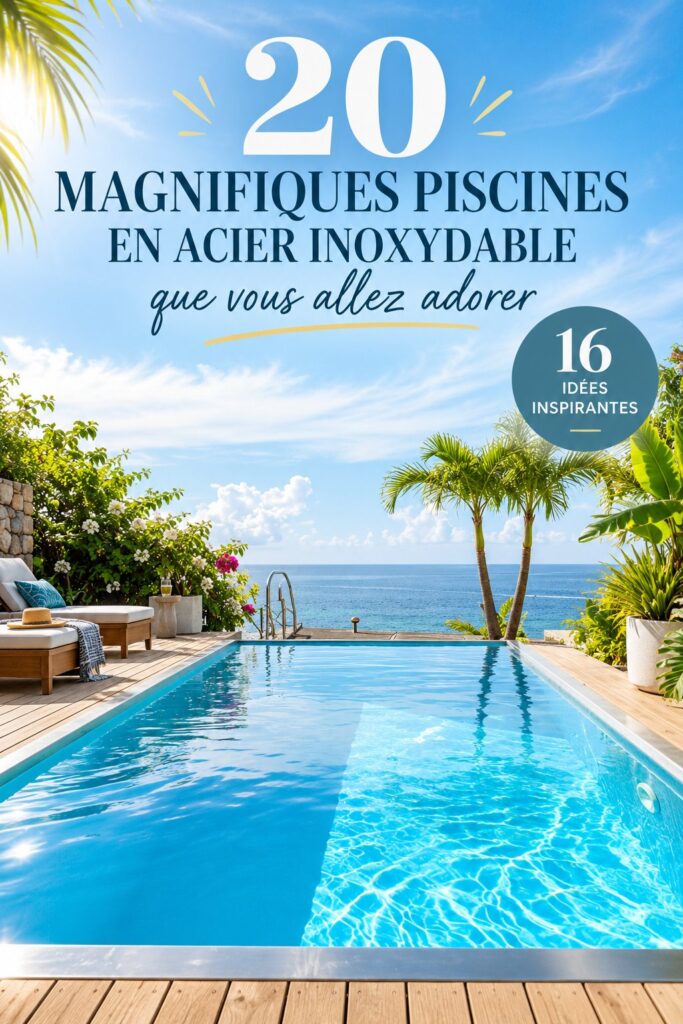 Une magnifique piscine en acier inoxydable entourée de verdure dans un jardin chic