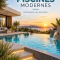 Une piscine moderne entourée d'une terrasse en bois et de plantes luxuriantes.
