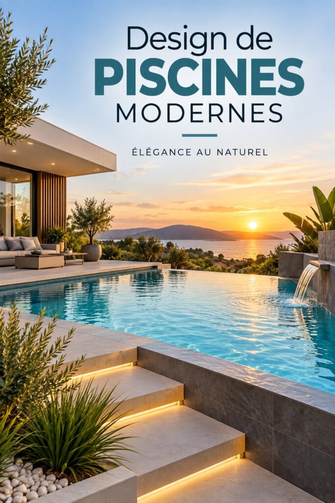 Une piscine moderne entourée d'une terrasse en bois et de plantes luxuriantes.