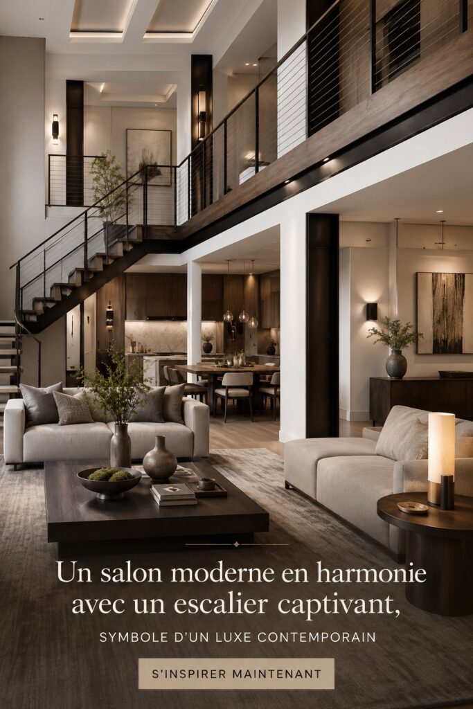 Salon moderne élégant avec escalier design au style contemporain